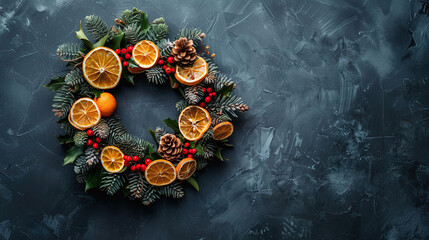 A wreath made of oranges and pine cones. Gray background with copy space. Christmas festive sustainable decor