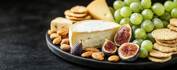 Cheese platter with grapes, figs, nuts, and crackers on a dark background.