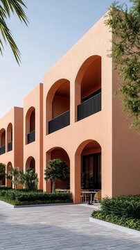 ull perpsepctive eye level 3 floors residential and townhouses in a village heritage rammed earth material with cafe on the ground floor with arches