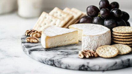 Cheese platter with assorted crackers, grapes, and nuts on a marble serving board.