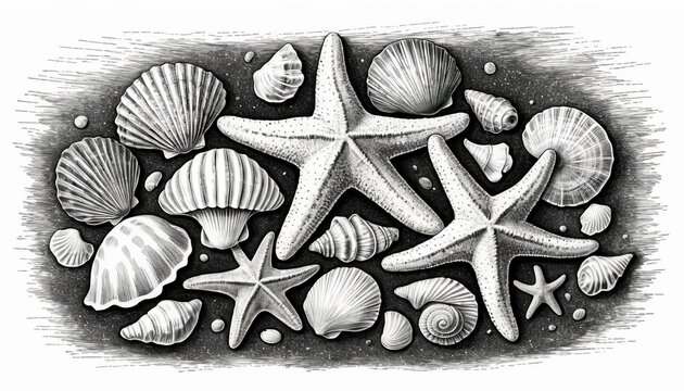recommend clip art: starfish and shells sketch engraving PNG illustration. T-shirt apparel print design. Scratch board imitation. Black and white hand drawn image.
                    