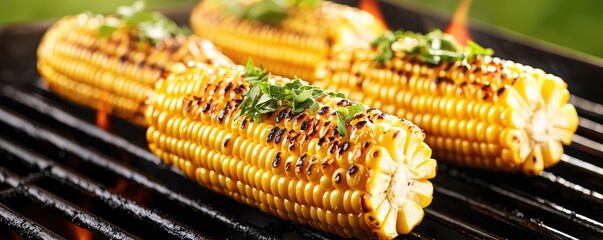 Grilled corn on the cob with herbs, delicious summer BBQ treat on a grill.