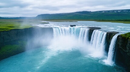 Breathtaking image of a powerful waterfall crashing into a pool below generating misty sprays and radiant rainbows