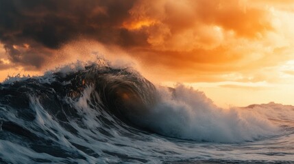 Fototapeta premium Tidal wave crashing against the shore at dramatic sunrise with the sun s light dramatically reflecting off the powerful turbulent water An epic moody