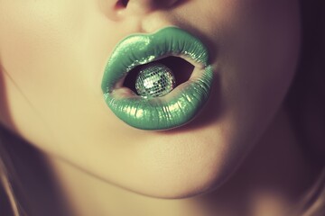 Close-up of glossy green lips accentuating a small disco ball, perfect for fashion or party-themed visuals.
