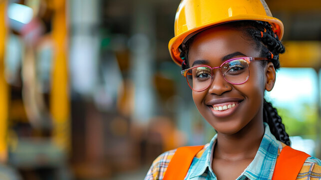 Smiling African American Female Construction Apprentice Wearing Hard Hat and Glasses, Daytime Job Site, Industry Workforce, Positive Mood, Copy Space