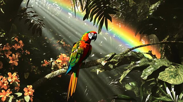 A colorful parrot perches on a branch in a lush rainforest, with a vibrant rainbow illuminating the scene