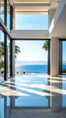 Modern beachfront villa at sunset with spacious glass walls and stunning ocean views