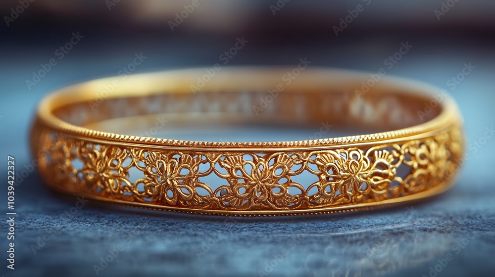 Poster handcrafted gold bangle with delicate filigree patterns displayed on a plain minimalistic backdrop s