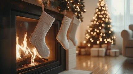 Cozy fireplace with Christmas stockings and decorated tree