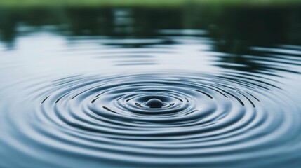 Captivating image of raindrops gently hitting the surface of a calm lake creating mesmerizing concentric circles that expand outward in a serene tranquil