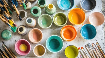 A peaceful ceramics painting workshop with ceramic paints and pottery, Painting tools organized in a bright workshop setting, Artistic workshop style