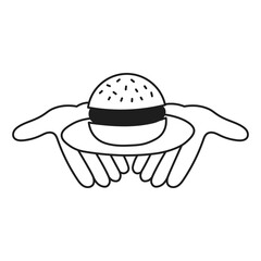 Hands Holding Plate with Burger Line Art. Finger gesture showing hamburger. Fast Food Doodle Element. Outline vector illustration