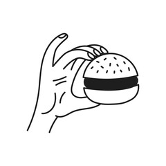 Line Hand Holding Burger. Finger Gesture with Hamburger. Fast Food Eatery Symbol. Restaurant Menu Cafe Delivery sign. Doodle vector illustration
