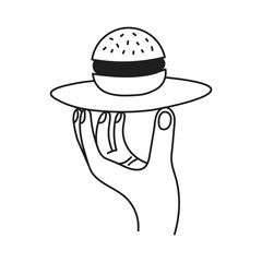 Human Hand Holding Plate with Hamburger. Line finger gesture with Burger. Fast food service symbol for restaurant menu delivery. Vector illustration