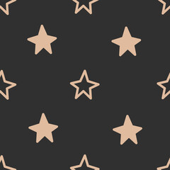 Minimal Starry Seamless Pattern. Simple hand drawn night background with golden stars in doodle style. Repeat vector illustration.