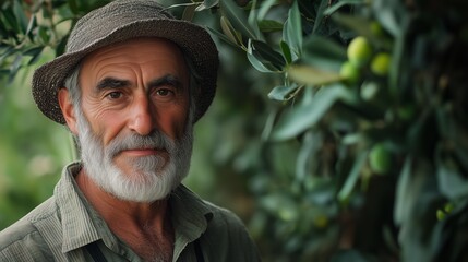 Elderly man wearing a hat stands among lush olive trees in a serene outdoor setting, exuding wisdom and tranquility.