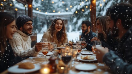 Joyful group of friends enjoying a cozy outdoor meal, surrounded by snow and festive lights, creating warm memories together.