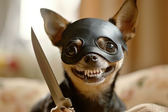 A mad chihuahua dog wearing a mask holds a knife. AI.