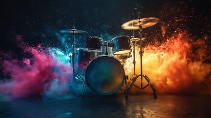 Dynamic image of a drum set surrounded by swirling, vibrant smoke in pink, blue, and orange, creating a dramatic atmosphere.