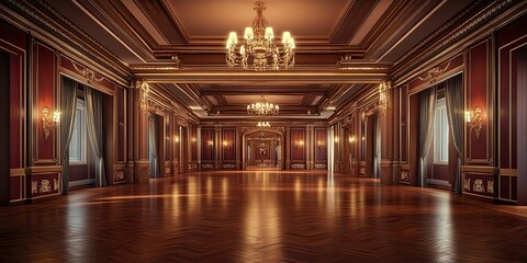 Fototapeta premium luxury scarlet hotel ballroom with wooden intricate royal carving wall and elegant wooden floor 