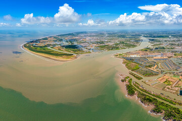 Aerial View of Mekong River estuary seen from Thua Duc, Ben Tre, Vietnam