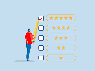 Satisfied and good customer choices,Evaluation or satisfaction feedback, performance rating or customer review, giving stars quality result, rate the service concept