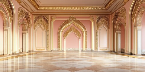 Obraz premium luxury fuchsia hotel ballroom with wooden intricate royal carving wall and elegant marble floor 