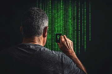 A hacker sits in a dimly lit room, surrounded by falling green code and encrypted data with a bright