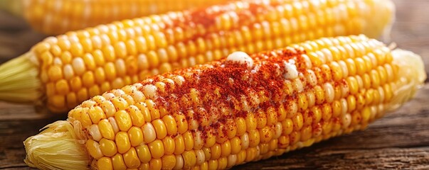 Grilled corn on the cob with spices, rustic wooden table background.