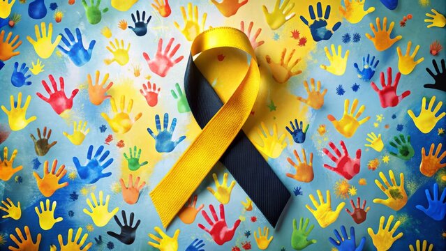 World Down Syndrome Day Celebration with Yellow and Black Ribbon, Handprints, and Colorful Background for Awareness and Support