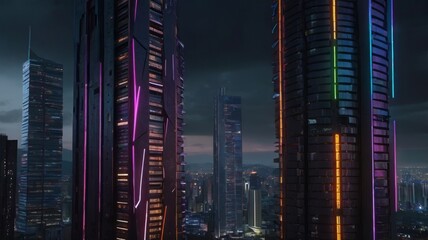 Obraz premium Cyberpunk-Inspired Urban Street with Glistening Reflections of Neon Signs