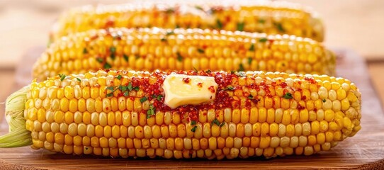 Three cobs of corn with butter and seasoning on a wooden cutting board.