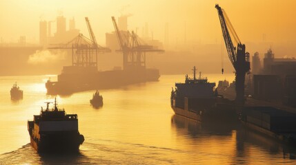 Fototapeta premium A bustling harbor scene at dawn, ships and cranes silhouetted against the golden hues of sunrise, reflecting the resilience and growth of international commerce