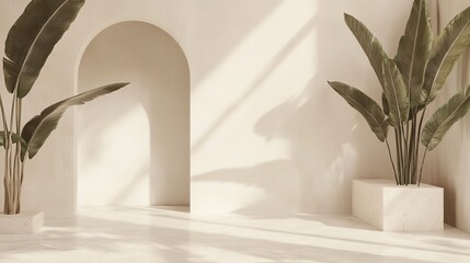 Minimalist interior with plants and natural light.