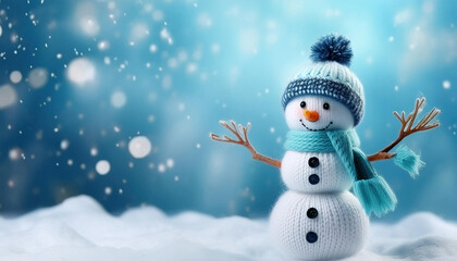 Small, knitted, snowmen on snow, on a blue background.