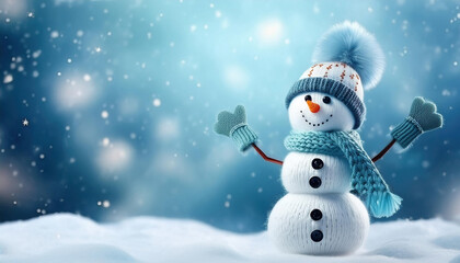 Fototapeta premium Small, knitted, snowmen on snow, on a blue background.