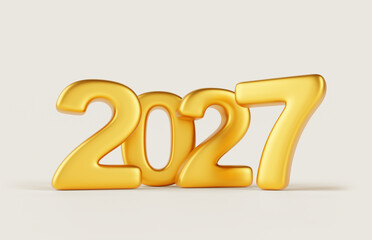 2027 golden number on white background for Happy New Year and Christmas congratulation banner. Realistic 3d render gold metal font, typography for poster, calendar and greeting card. 3D illustration