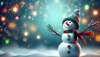 Panoramic view of happy snowman in winter landscape with copy space.