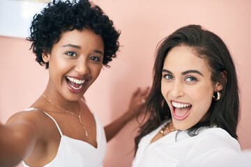 Portrait, women and friends with selfie at house for live streaming, social media and beauty...