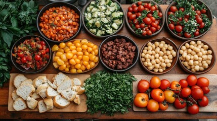 Colorful Array of Fresh Vegetables and Ingredients on Wooden Table