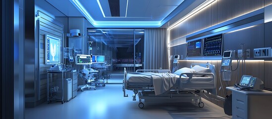Fototapeta premium Inside a modern ICU with the latest technology for intensive patient care.