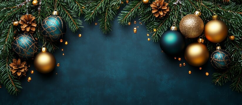 Christmas Garland with Pinecones and Gold Ornaments on Dark Background
