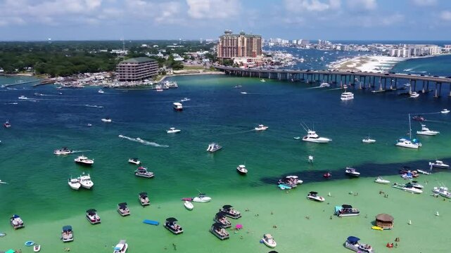 Crab Island in Destin, Florida. Cinematic Aerial view of Crab Island, Destin Florida full of pontoon boats, yatchs and people over the holiday. famous for its shallow waters, vibrant sandbars
