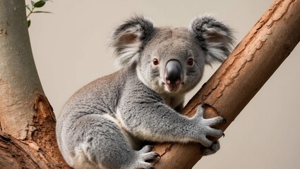 Obraz premium A koala is sitting in a tree with its head resting on a branch and gazing at the camera.