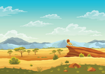 African savannah landscape. Beautiful nature landscape with cartoon animal character. African safari banner concept. Tropical tourism, exotic recreation poster. Wilderness savannah flat vector © the8monkey