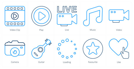 A set of 10 mix icons as video clip, play, live