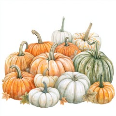 watercolor painting of a pumpkin patch filled with various shapes and sizes of pumpkins, on isolated white background