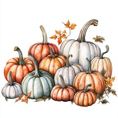 watercolor painting of a pumpkin patch filled with various shapes and sizes of pumpkins, on isolated white background