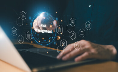 close up with hand of business person identify danger risk with AI among normal incident. Risk...